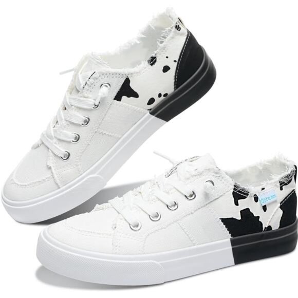 Women's Play Fashion Sneaker White Color Washed and Leopard Canvas Slip - Picture 1 of 6